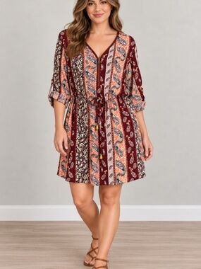 J for Justify XL Boho Paisley Patchwork Mini Dress Burgundy Bohemian Dress